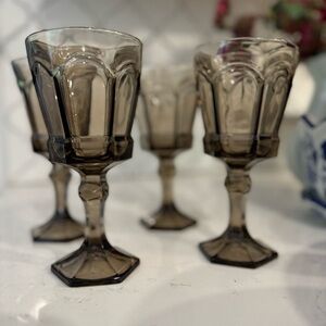 Vintage Fostoria 7” Smoked/Brown Wine Goblet Set off 4 / Virginia Paneled Glass
